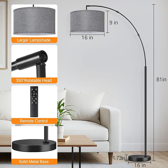 OUTON 81" Arc Floor Lamp, 12W 1080LM LED Dimmable Floor Lamp with 16" Gray Lampshade, Remote Control & Foot Switch, 4 Colour Temperatures, Tall Standing Lamp for Living Room Bedroom Office, Black