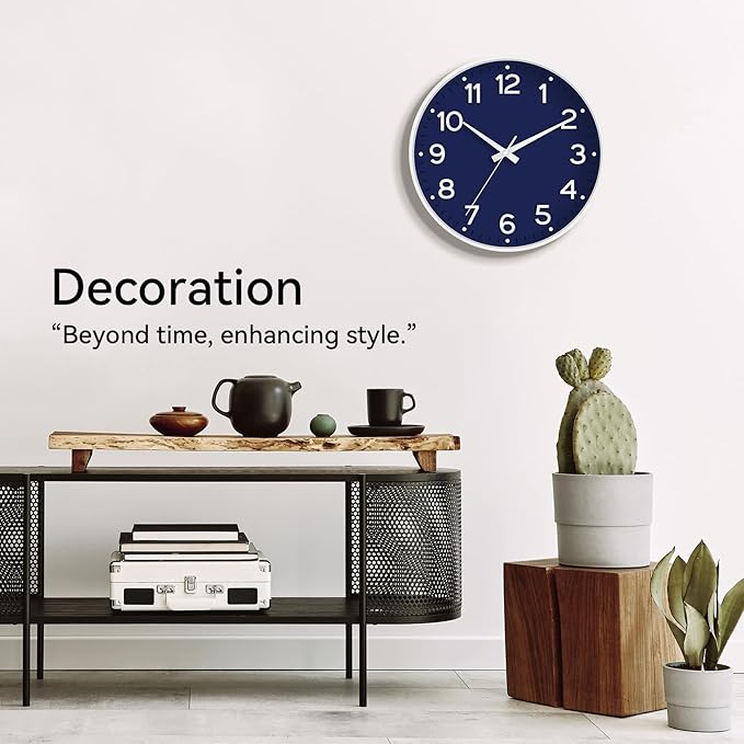 Wall Clock, 10 Inch Silent Wall Clocks Battery Operated-Modern Non Ticking Analog Clock Decorative for Kitchen Bedroom Office Bathroom(Navy Blue)