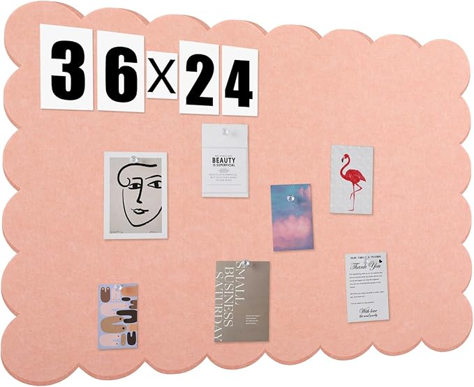 Scalloped Felt Bulletin Board 36 x 24 Inches Foldable Light Pink Pin Cork Board Alternative for Wall, 3' x 2' Trifold Picture Vision Self Adhesive Bulletin Decorative