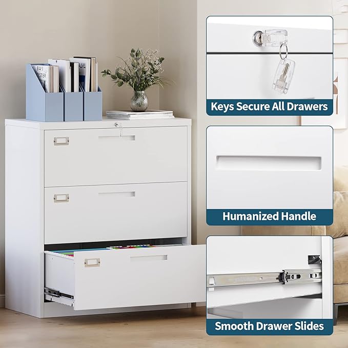 MIIIKO 3 Drawer Lateral File Cabinet with Lock, White Lateral Filing Cabinet, Large Deep Drawers Locked by Keys, Metal Storage File Cabinet for Hanging Files Letter/Legal/F4/A4 Size