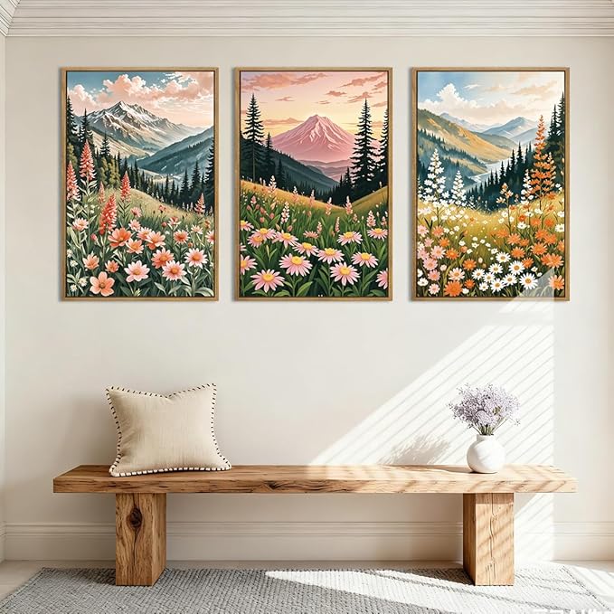 ANHUIB Colorful Landscape Wall Art 16x24 Inch Abstract Mountain Forest Wall Decor Wildflower Blossom Artwork Nature Scenery Painting Set of 3 for Living Room Bedroom Dining Room