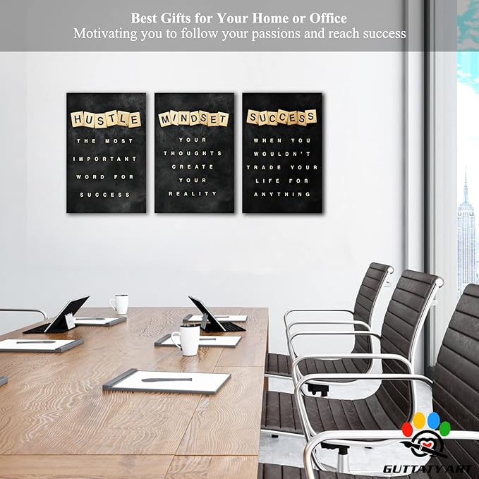 Office Wall Art - 3 Panel Motivational Quotes, Inspirational Canvas Art for Home Office, Positive Quotes Spiritual Words Poster Frame, 16'x24'x3Pcs