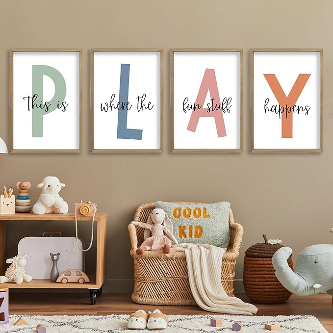 This Is Where The Fun Stuff Happens Kids Playroom Wall Art 24x16 Inch Set Of 4 Rustic Kids Wood Framed Boy Sign Toddler Modren Nursery Interesting Let's Play Prints Wall Hang Decor (Wood)