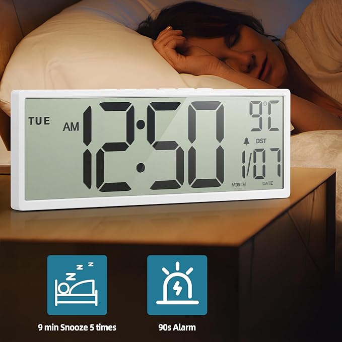 15" Large Digital Wall Clock Battery Operated Black, Clock with Large Display Numbers, Calendar, Auto DST, Clocks for Living Room, Kitchen, Office, Bedroom