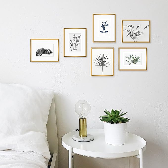 Golden State Art, Gallery Wall Frame Set of 6 - Bronze 8x10 Aluminum Photo Frames with Mat for 5x7 Pictures - 8 x 10 inch Metal Frame with Real Glass Cover - Elegant Home or Office Decor