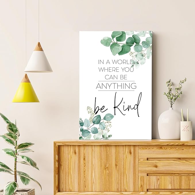 HIWX Be Kind Inspirational Framed Canvas Wall Art Decor, Eucalyptus Botanical Motivational Positive Wall Art Decoration for Bathroom Office Bedroom Home Prints 16x24