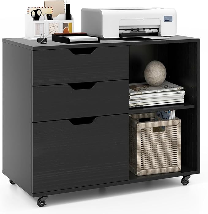3 Drawer File Cabinet, Wood Lateral Filing Cabinet for Hanging Letter, A4, Legal Size, Rolling Printer Stand with Adjustable Shelf, Under Desk Storage for Home Office (Black)