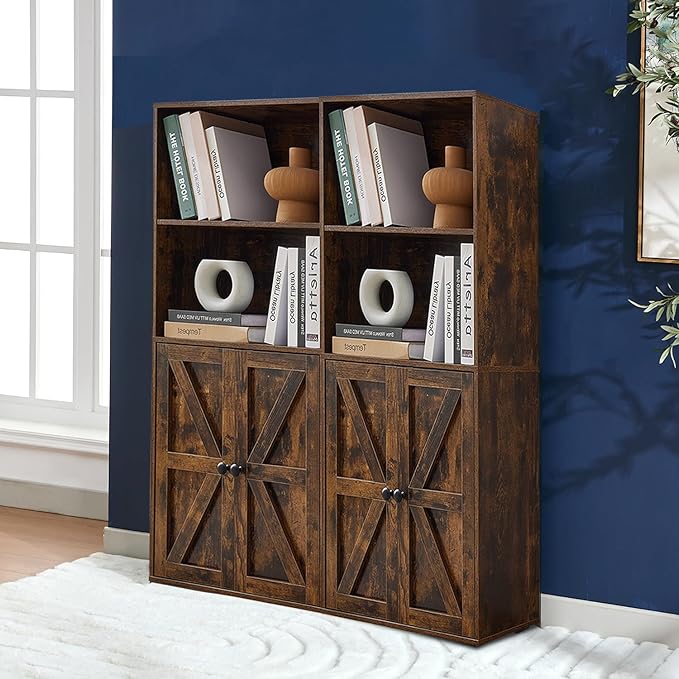Bookshelves and Bookcases with Barn Doors Set of 2, Farmhouse Bookshelf with Display Shelves, Floor Standing 4-Tier Book Shelf with Storage Cabinet for Home Office, Living Room, Bedroom