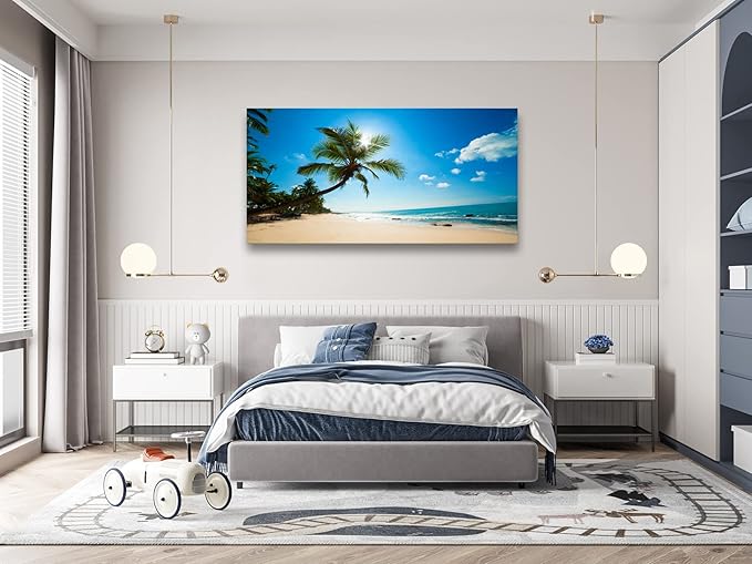 Muolunna ARX0662 Large Canvas Wall Art Summer Ocean Waves Prints Coconut Trees Beach Seascape Painting Hawaii Sea Nature Pictures Stretched and Framed for Living Room Home Office Wall Decor Artwork