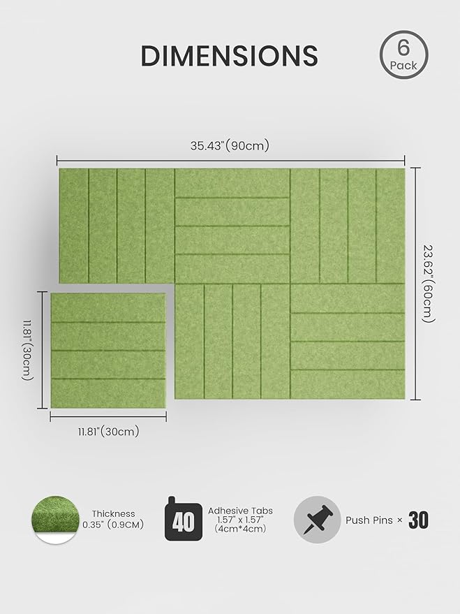 Bumusty Large Cork Board Alternative-36 x 24" Felt Bulletin Board Tiles, with 30 Pushpins, 40 Adhesive Tabs, 6-Pack Slat Wall Paneling, Cork Boards for Office Push Pin Board Felt Board-Kelly Green