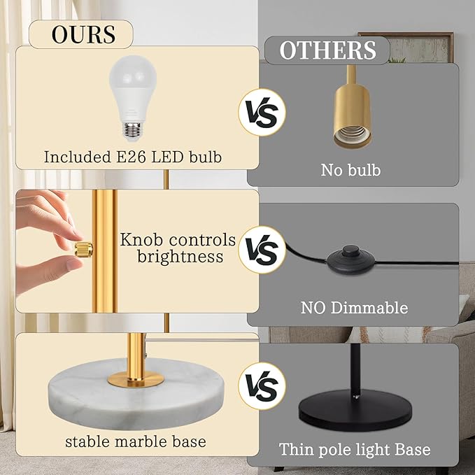 Gold Marble Floor Lamp, Dimmable Tall Standing Lamp with White Linen Shade, 63.7" Modern Gold Floor Lamp for Living Room Bedroom Office, 9W LED Bulb Included