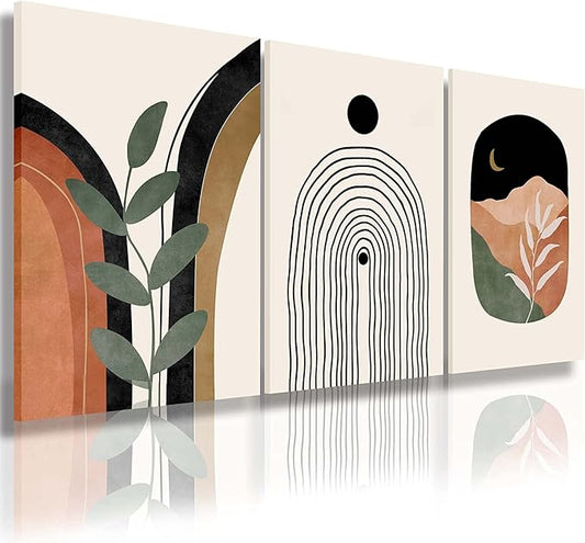 Boho Wall Art Set of 3 - Mid Century Modern Canvas Prints: Sun Moon Leaf Mountain, Neutral Abstract Geometric for Bedroom, Bathroom, Living Room, Office