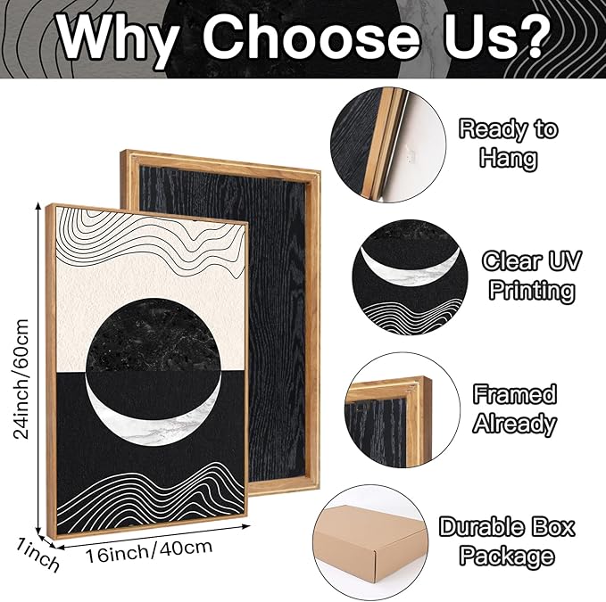 CHDITB Abstract Moon Phases Framed Canvas Art Prints Set(16"x24"), 3 Panels Modern Neutral Black and White Artwork Painting, Large Boho Minimalist Fine Line Wall Art Home Decor for Bedroom Living Room