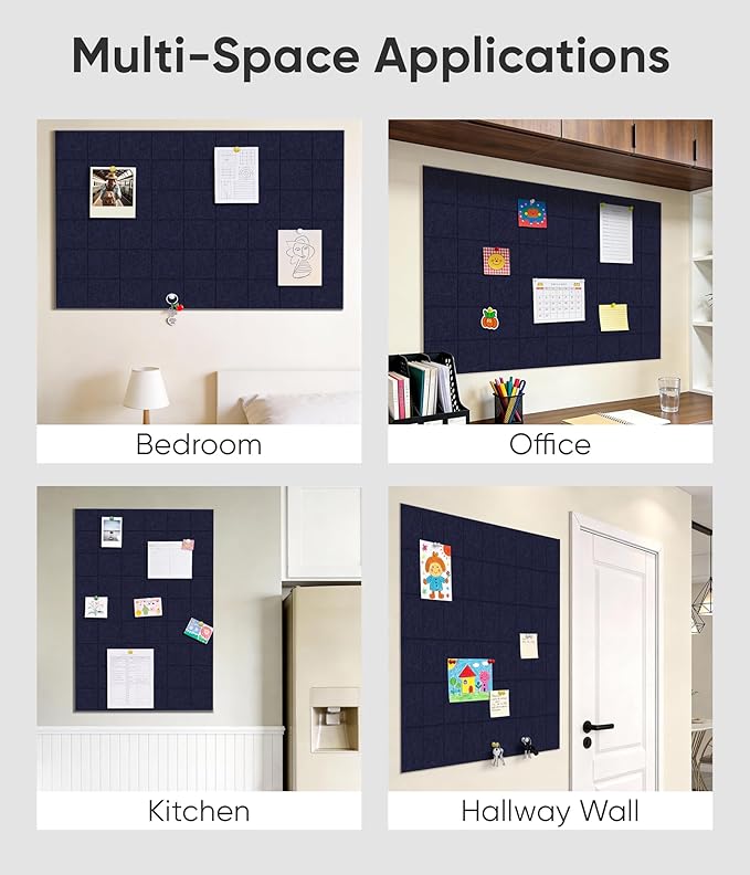 Large Cork Board for Walls 36" x 24", 6 Pack Felt Wall Tiles with Push Pins for Office Home, Pin Board Bulletin Board for Photo Pictures, Navy Blue