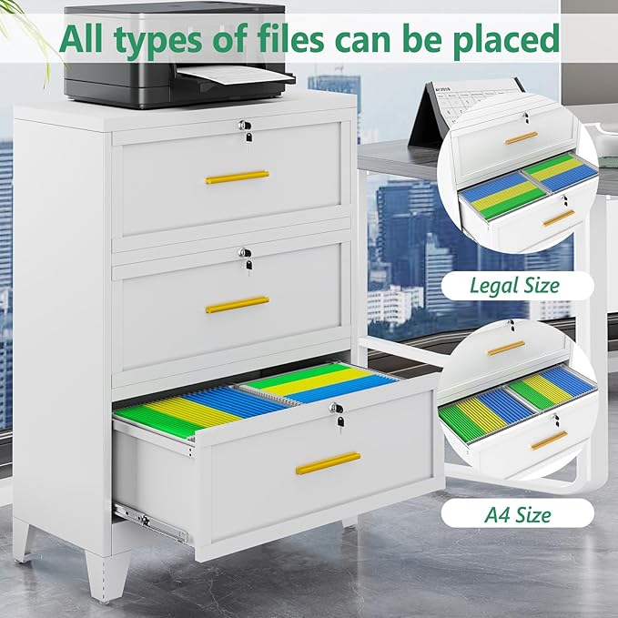 Metal Lateral File Cabinet with Lock,3 Drawer Steel Wide Filing Organization Storage Cabinets,Filing Cabinet for Legal/Letter/A4/F4 Size with Hanging Files&Key,Lockable Cabinets for Home Office,White