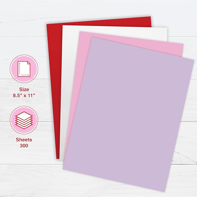 PrintWorks Valentine Paper 8.5" x 11" - 300 Sheets - 4 Colors (Red, Pink, White, & Orchid) - Ideal for School & Craft Projects - Made in The USA - 20 lb/75 GSM, 24 lb/89 GSM, 28 lb/105 GSM (00585)