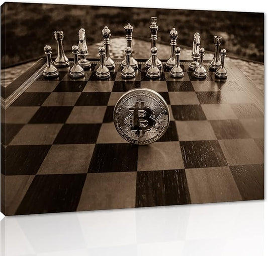 Golden Chess and Bitcoin Canvas Wall Art Motivational Life Quote Game Bitcoin Wall Art Poster Canvas Posters and Prints Pictures Chess Office Wall Decor, Framed 24x18 inch