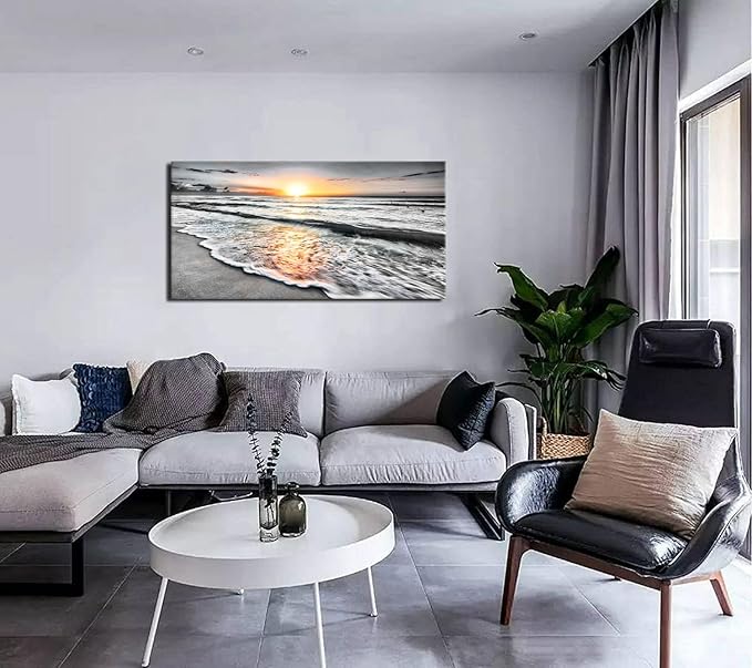 Bamdeya Canvas Wall Art Living Room Black and White Wall Decor Beach Prints Pictures for Bedroom Wall Décor Ocean Posters Room Décor Office paintings Sea Sunset Decorations Framed 20x40inches
