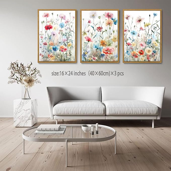 KISSFOX Framed Colorful Wildflower Canvas Wall Art Set Of 3 Flowers Pictures Prints Flowers Printing Floral Watercolors Flower wall Decor Living Room Girls Bedroom Bathroom