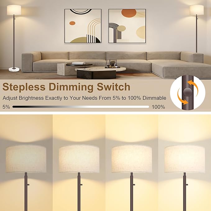 Floor Lamps for Living Room–LED Bulb Included,Dimmable Floor Lamp with Linen Shade,Modern Standing Lamp with Marble Base,Tall Floor Lamp for Bedroom,Nursery,Reading & Office,Brown