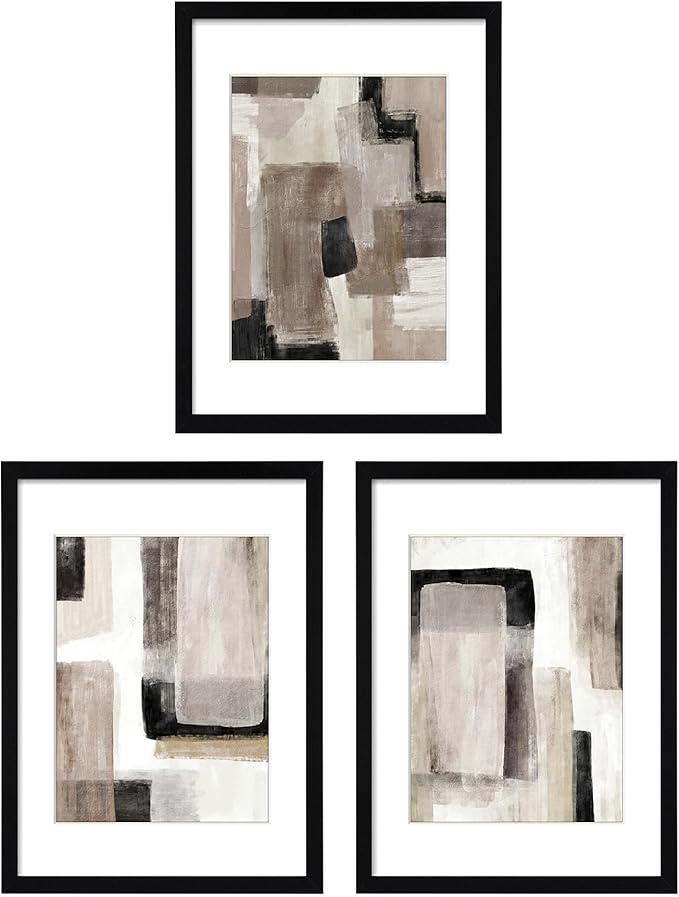 ArtbyHannah 11x14 Inch Black Framed Abstract Wall Art Set of 3 with Brown Black Tan Blocks for Wall Decor, Extra Art Prints of Botanical Included