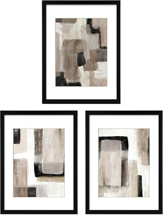 ArtbyHannah 11x14 Inch Black Framed Abstract Wall Art Set of 3 with Brown Black Tan Blocks for Wall Decor, Extra Art Prints of Botanical Included