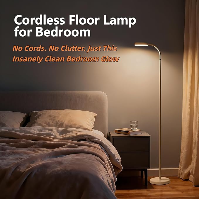 Cordless Portable Floor Lamp, Adjustable Gooseneck with Touch Switch, 3 Color Modes, Lightweight & Rechargeable for Living Room, Bedroom, Office, Reading, Camping, RV, Piano, Indoor Outdoor-White