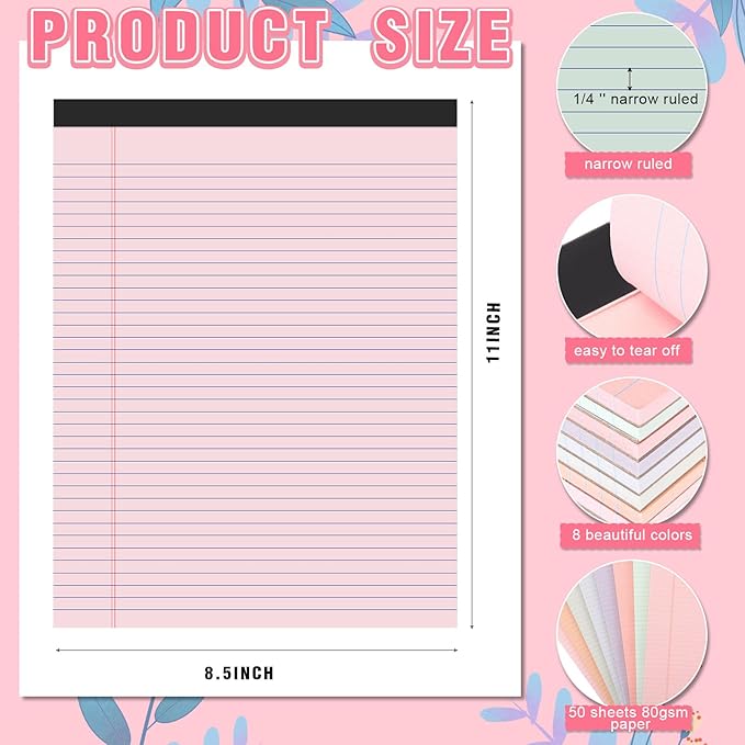 Fuutreo 8 Pcs 8.5'' x 11'' Colored Legal Pad 50 Sheets Per Writing Pads Narrow Ruled Notepad Perforated Writing Notepad Office Supplies for College Office Business (Sweet Color)