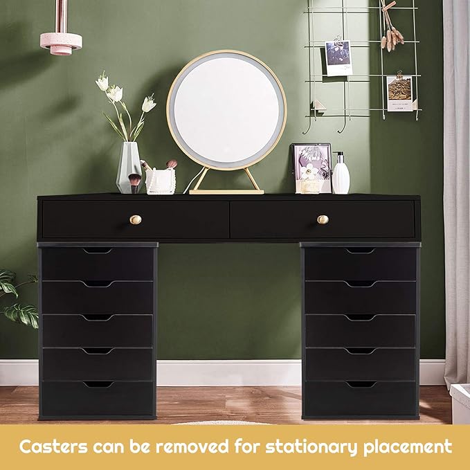 5 Drawers File Storage Cabinet, 26.5" Vertical Filling Cabinet for Home Office, Under Desk Office Drawer Organizer, Universal & Lockable Casters, Rolling Printer Storage Rack (Black)