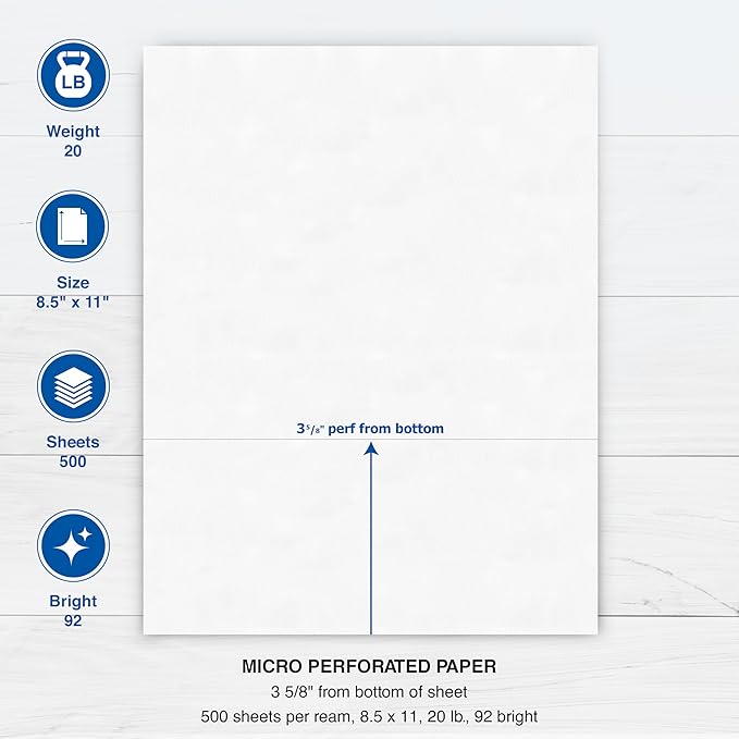 PrintWorks Professional 3 5/8" Horizontal Perforated Paper 8.5” x 11” - Perfect For W-2, 1099, & Statement Use - Made in the USA - 500 Sheets - 20 lb - Printer Compatible - White (04132)