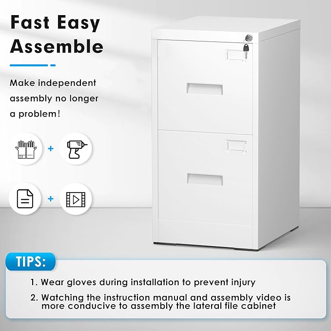 Pataku 2 Drawer File Cabinet with Lock, Sturdy Metal Vertical Filing Cabinets for Home Office, Under Desk Paperwork Storage Fully Extendable Slides Letter Legal A4 Size 18x15x28 Inches, White