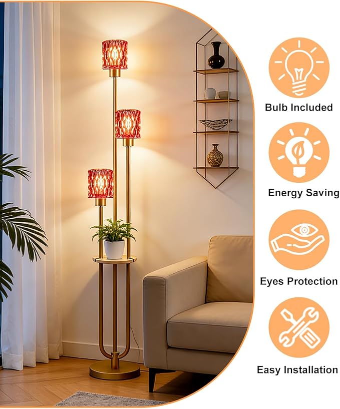 Lightdot 3-Lights Glass Floor Lamp for Living Room Modern Gold Floor Lamp with Rose Red Glass Shade for Wedding/Party Farmhouse Tall Standing Lamp for Bedroom/Sofa Beside/Corner Decor