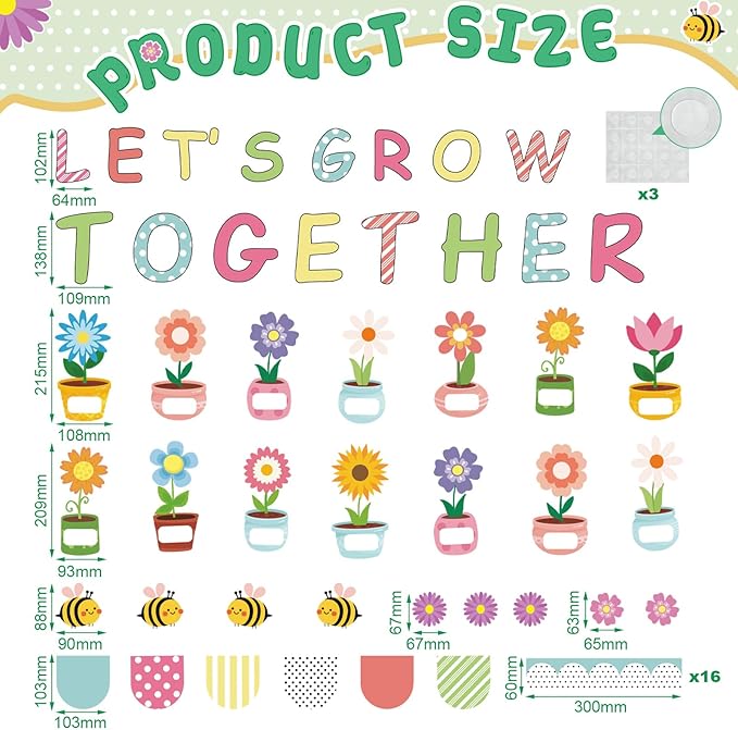 Pajean Spring Bulletin Board Let's Grow Together Classroom Decorations Growth Potted Plant Flower Paper Cutouts for Wall Door Window Home Elementary Preschool Teacher Supplies