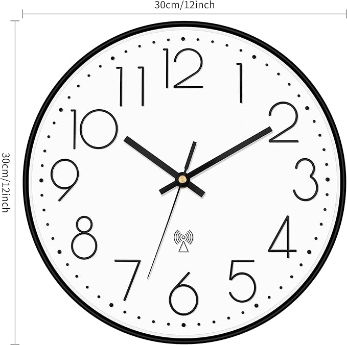 Foxtop Atomic Wall Clock Battery Operated Round Analog Modern Black Wall Clock Sets Automatically for Office Classroom Bedroom Kitchen Living Room