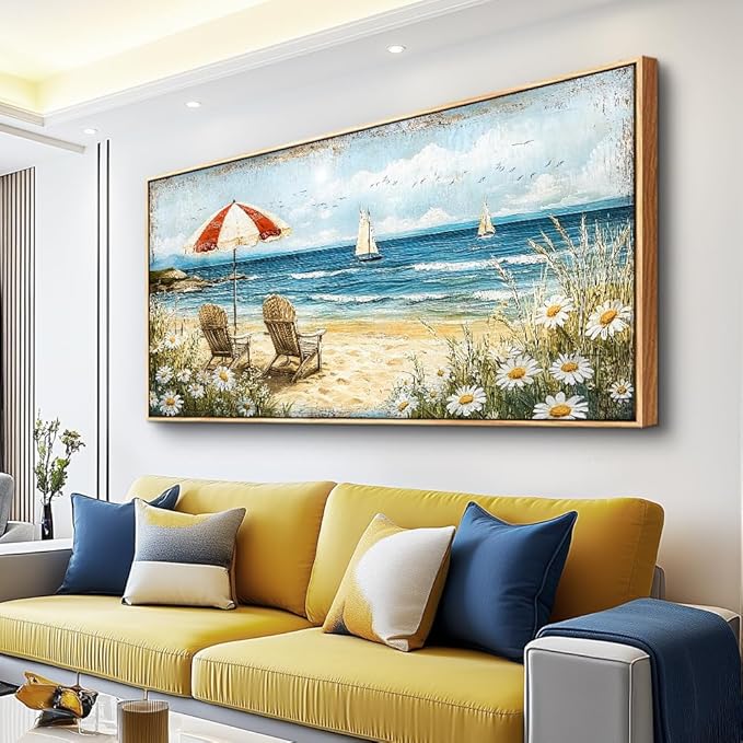 ERQINHUA Large Wall Decor Canvas Painting Wall Art For Living Room Decoration Blue Seaside Landscape Painting Bedroom Print Artwork Picture For Dining Room Bathroom Home Decor Wood Frame 24x48 In
