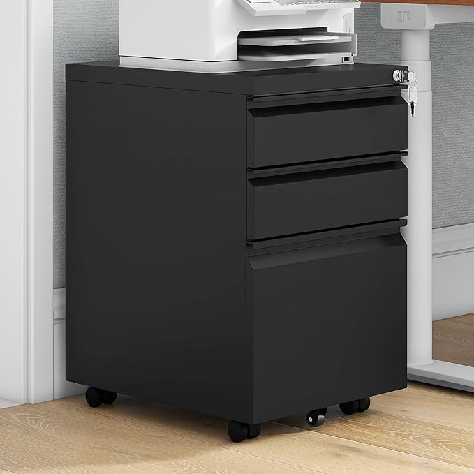 DWVO 3-Drawer Mobile File Cabinet, Pre-Assembled Metal Filing Cabinet for Legal/Letter Size, Lockable Office Storage with 6 Casters, Black