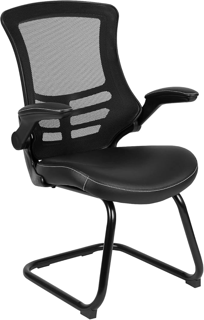 Flash Furniture Kelista Black Mesh Sled Base Side Reception Chair with White Stitched LeatherSoft Seat and Flip-Up Arms