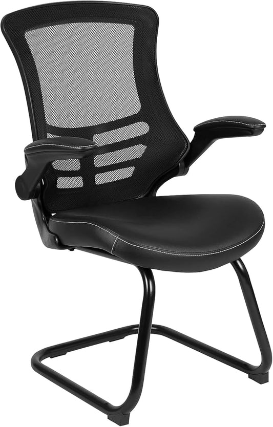 Flash Furniture Kelista Black Mesh Sled Base Side Reception Chair with White Stitched LeatherSoft Seat and Flip-Up Arms