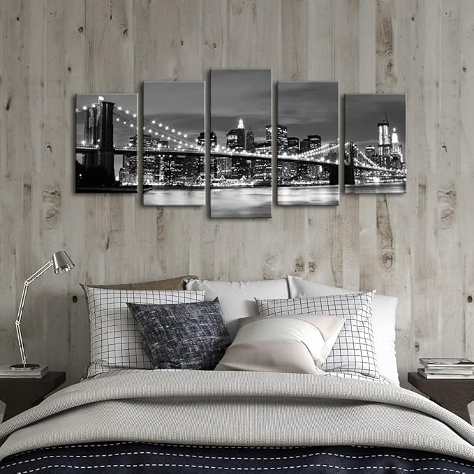 Wieco Art New York Brooklyn Bridge Canvas Wall Art Night View 5 Panels Modern Landscape Artwork Canvas Prints Abstract Pictures to Photo Canvas Wall Decor for Home & Office Decorations