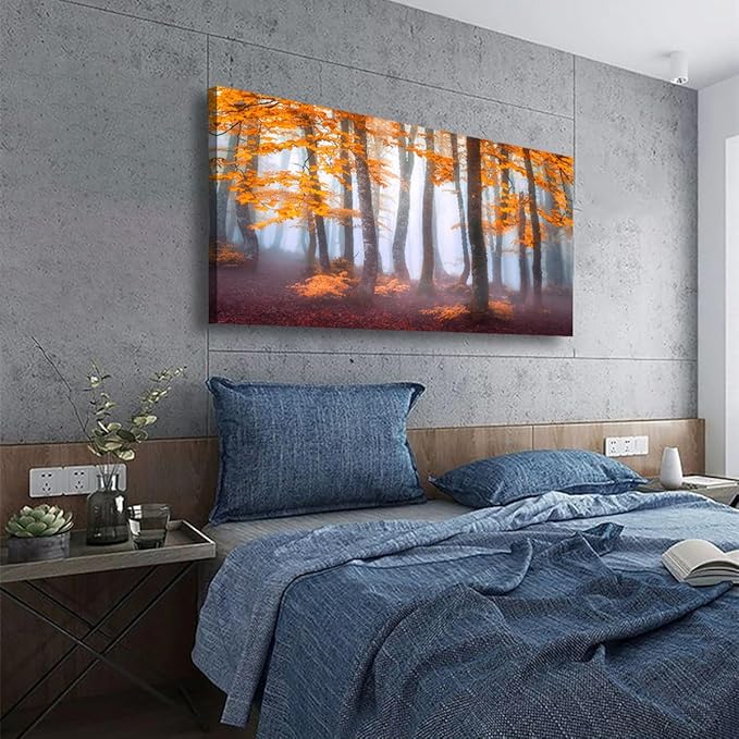 Orange Maple Leaf Tree Canvas Wall Art for Living room Office Bedroom Mist Forest Wall Art Print Paintings Modern Nature Autumn Landscape Pictures Wall Decor Artwork Ready to Hang - 20in * 40inch