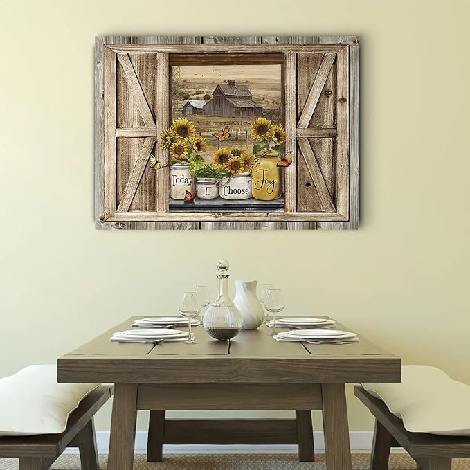 Parylore Sunflower Wall Art Canvas Print Rustic Wall Decor Faux Barn Doors Sunflower Jars On Barn Painting Picture Framed Modern Farmhouse Artwork for Living Room Bathroom Office Home Decor 16x20 In