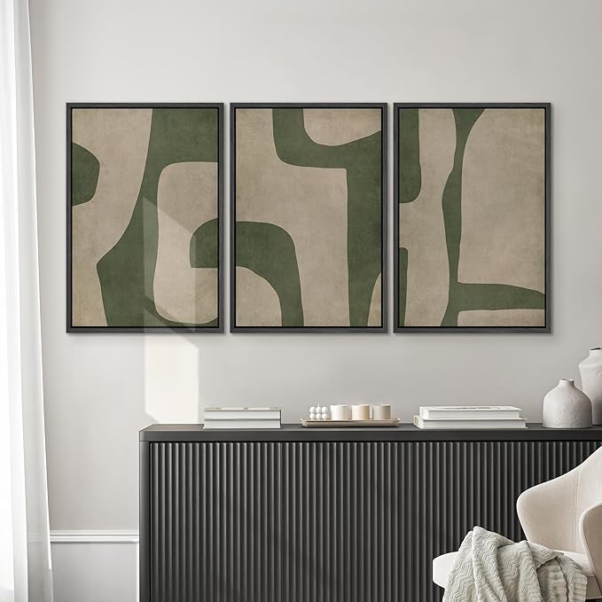 SIGNWIN Framed Canvas Print Wall Art Set Abstract Geometric Green and Beige Tones Illustrations Modern Art Decorative Boho Relax/Zen Nordic for Living Room, Bedroom, Office - 16"x24"x3 Black