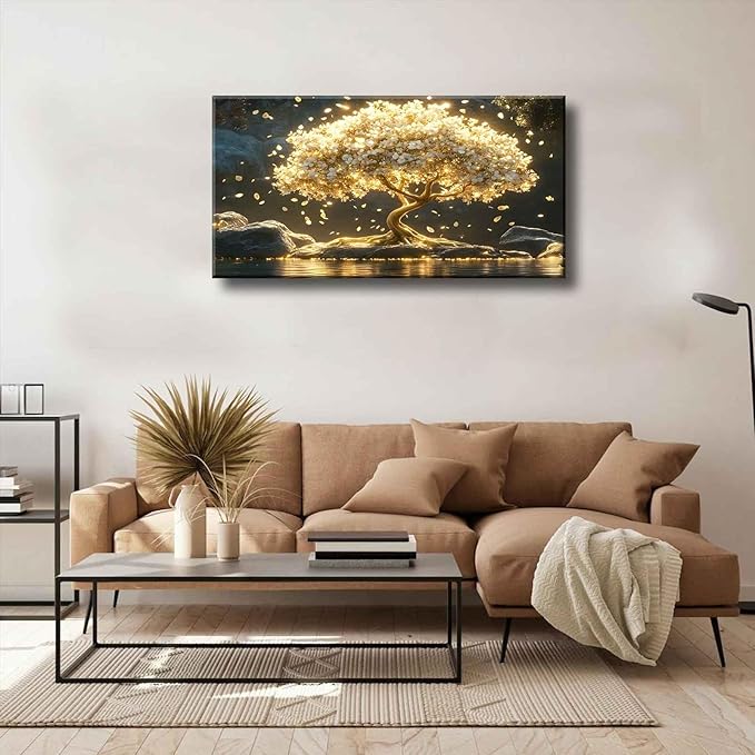 Large Tree of Life Canvas Wall Art Abstract Gold Tree Mountain Lake Decor painting Pictures Nordic Golden White Flowers Posters Prints for living room Bathroom Bedroom Office Hallway Home Decoration
