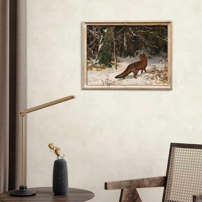 uniro Vintage Wall Art Prints - Vintage Landscape Oil Painting, Antique Fox in Winter Christmas Wall Decor - Farmhouse Canvas Wall Art Decor - Retro winter Landscape Watercolor Animal Picture Aesthetic for Bedroom Bathroom Living Room Christmas Holiday...