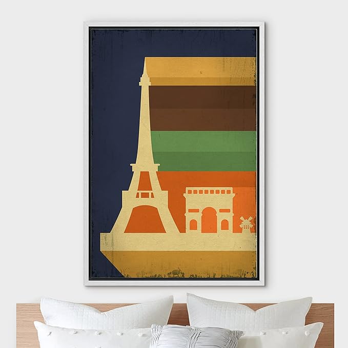 IDEA4WALL Framed Canvas Print Wall Art Retro Vintage French Eiffel Tower Poster Cultural Building Illustrations Modern Art Contemporary Scenic Warm for Living Room, Bedroom, Office - 16"x24" WHITE