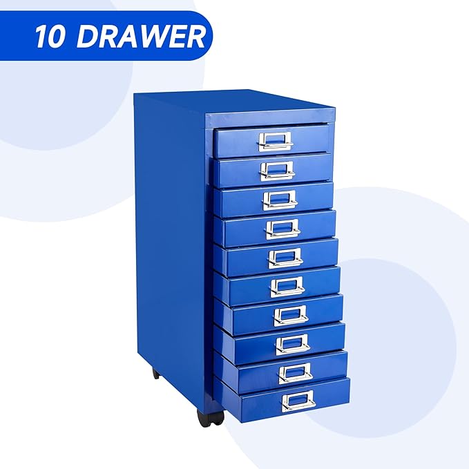 File Cabinet MINI 10 Tier Metal File Organizer Document Organizer with Wheel, White Color, for Home Office, Office Desk File (Blue)