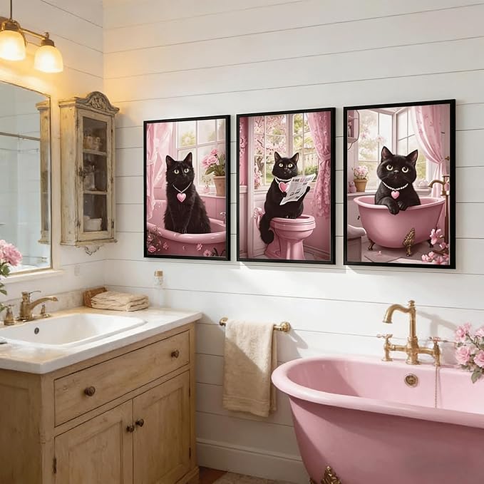 3Pcs Funny Black Cat Bathroom Wall Art Cute Pets Cat Reading Newspaper On The Toilet Painting Pictures Wall Decor Pink Animal Posters Prints for Bathroom Toilet Decorations 12x16 Inch Unframed