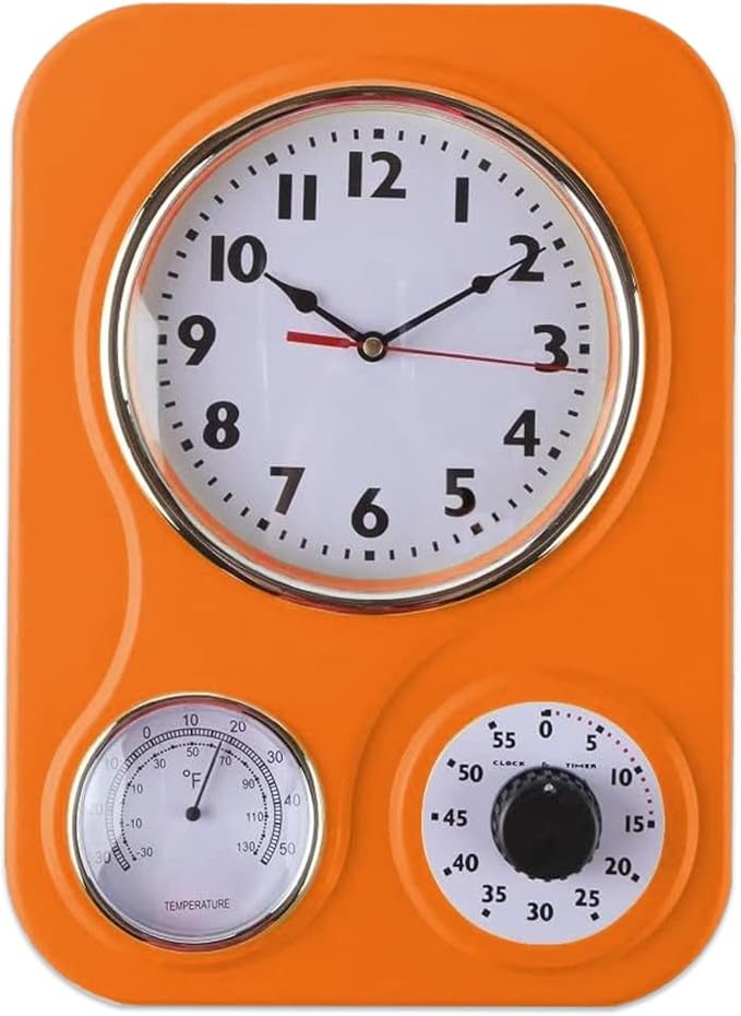 Lily's Home - 9.5 Inch x 12.5 Inch - Retro Kitchen Wall Clock, Vintage Wall Clock with a Thermometer and 60-Minute Timer, Ideal for Any Kitchen, Office, or Diner (Orange)