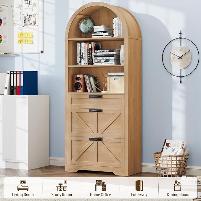 Arched Farmhouse File Cabinet with 2 Drawers for Legal, Letter, and A4 Size Hanging Files, Large Wooden File Cabinet for Home Office with Printer Stand and Bookshelf, Natrual