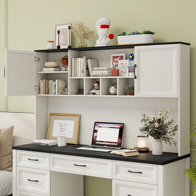Farmhouse Executive Desk with 7 Drawers and Storage Cabinet, Rustic Large Home Writing Desk with Hutch, Workstation for Bedroom, Black